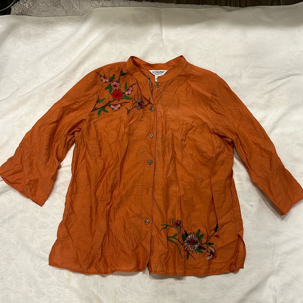 Citron Orange Embroidered Button-Front Women's Top